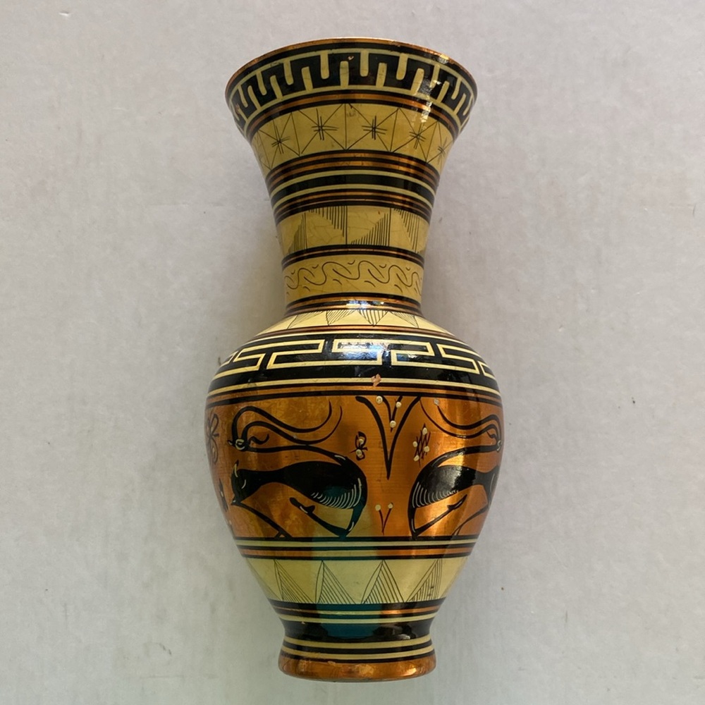 Painted Copper Vase Handmade in Greece 7.5” Tall x 4” Diameter - Picture 3 of 6